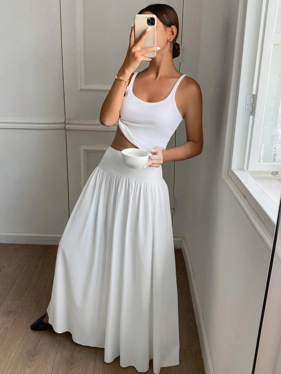 Cressida High Waist Wide Waistband Pleated Maxi Skirt - White