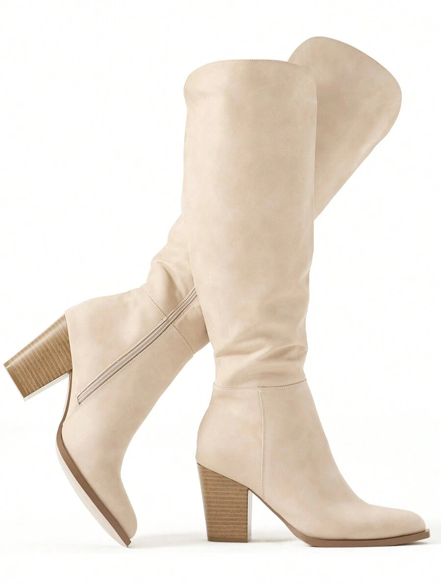 Women's Western Style Chunky Heel Boots,Knee High Boots Pointed Toe Tall Boots V-Calf Boots Fashionable And Versatile Mensa