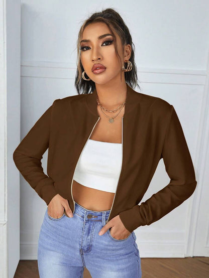Calliope Zip Up Crop Bomber Jacket - Coffee Brown