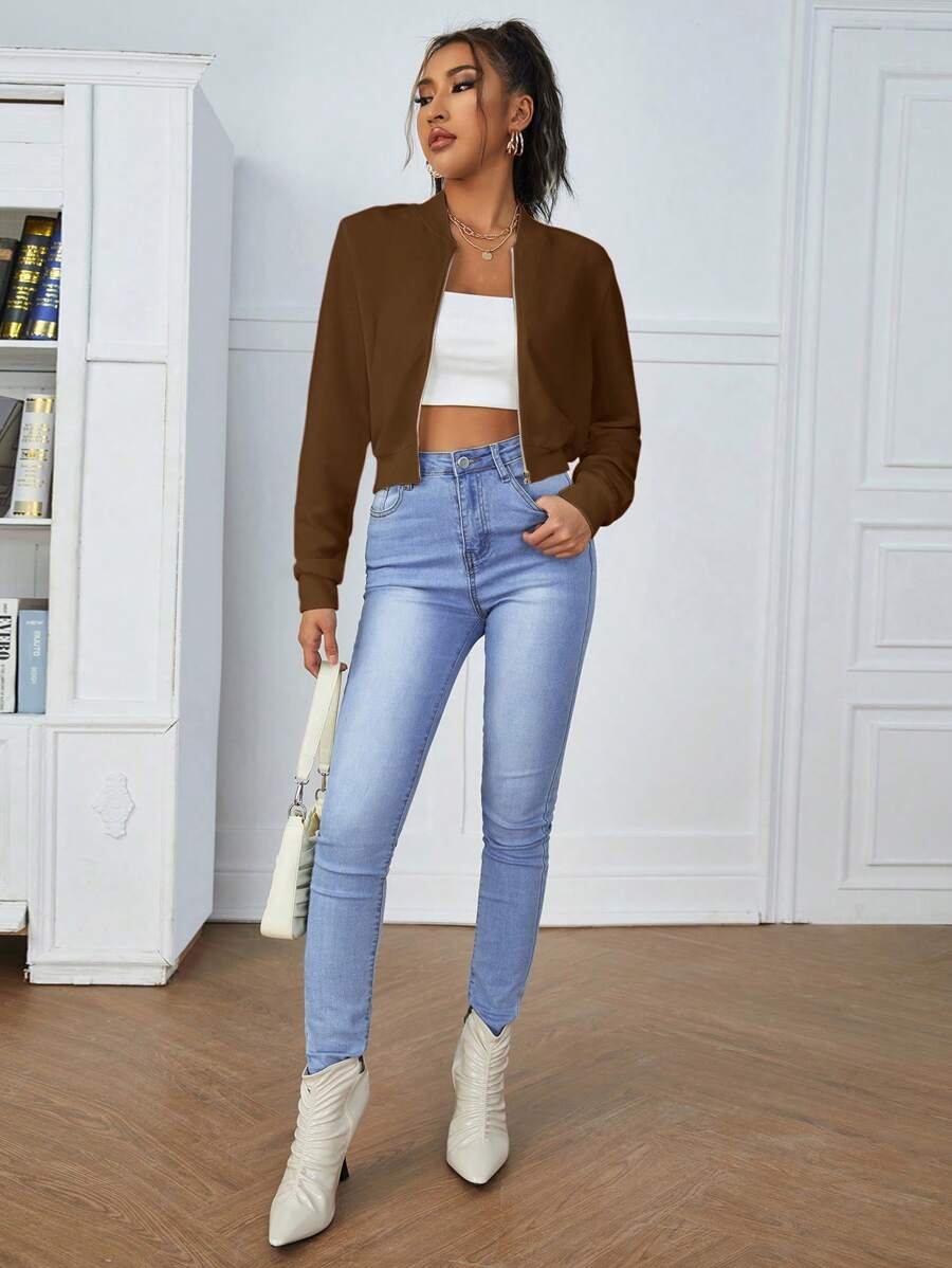 Calliope Zip Up Crop Bomber Jacket - Coffee Brown