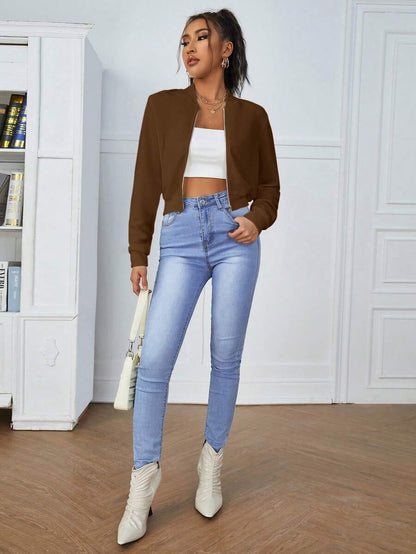 Calliope Zip Up Crop Bomber Jacket - Coffee Brown