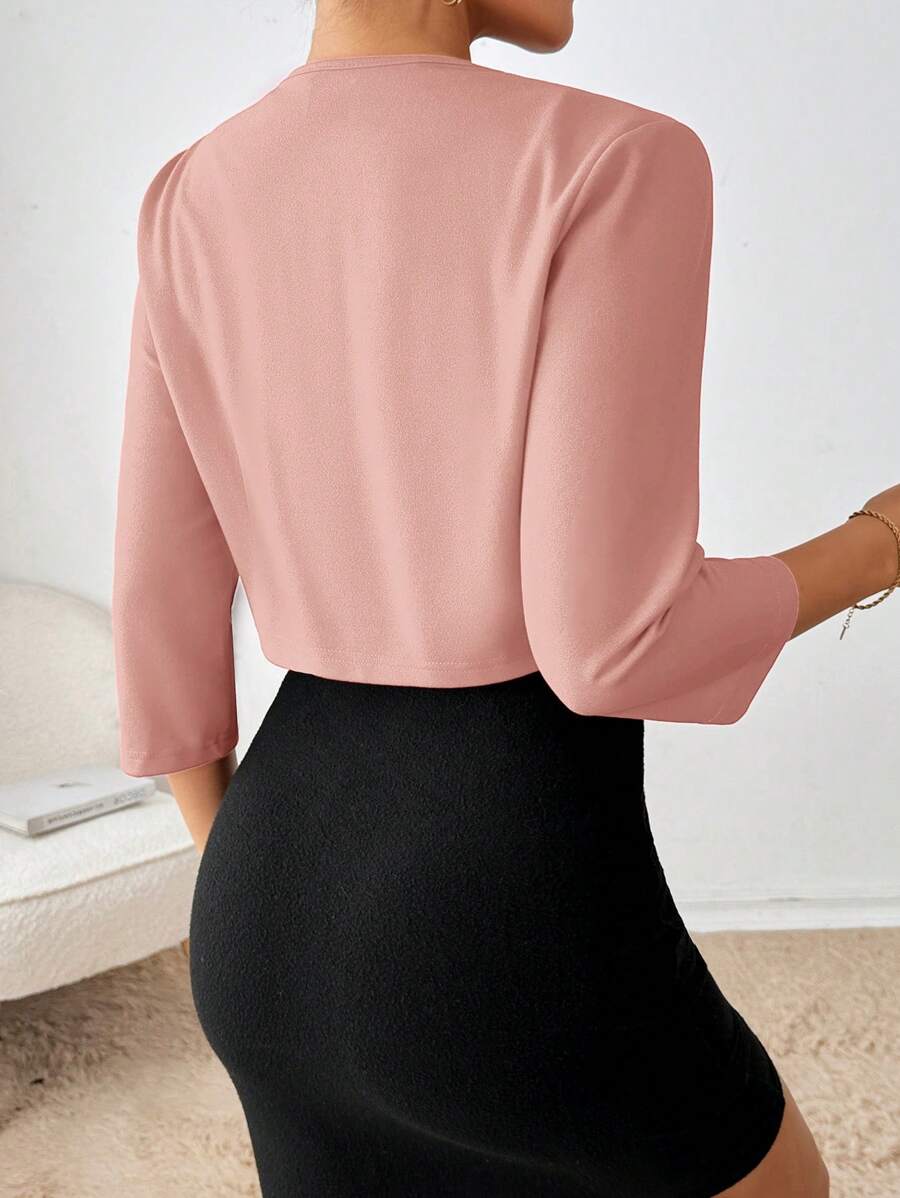 Philomena Pleated Neckline Open Front Cropped Knit Blazer - Blush Pink