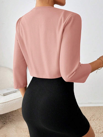 Philomena Pleated Neckline Open Front Cropped Knit Blazer - Blush Pink