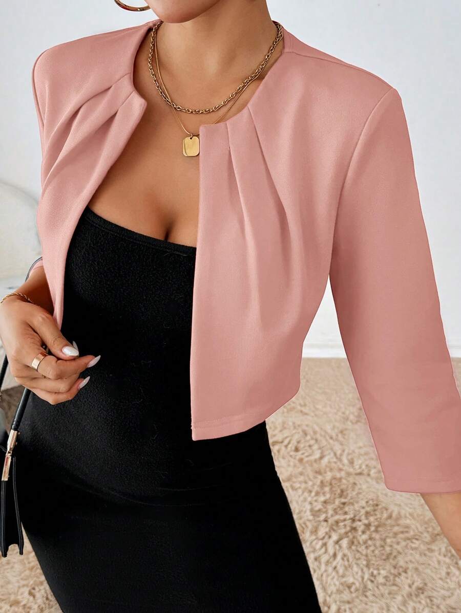 Philomena Pleated Neckline Open Front Cropped Knit Blazer - Blush Pink