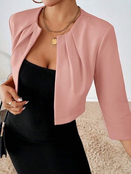 Philomena Pleated Neckline Open Front Cropped Knit Blazer - Blush Pink