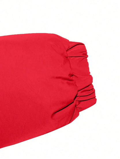 Allegra Cropped Puffer Jacket with Funnel Neck and Zip Front - Red