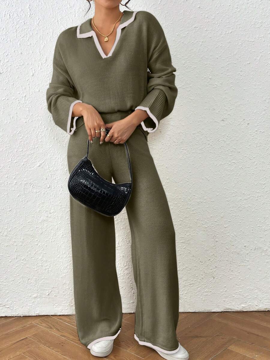 Kelowna V Neck Contrast Trim Sweater and Wide Leg Knit Pants Set - Green