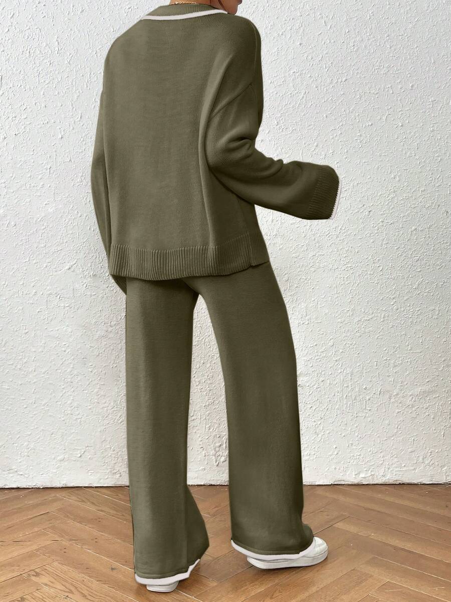 Kelowna V Neck Contrast Trim Sweater and Wide Leg Knit Pants Set