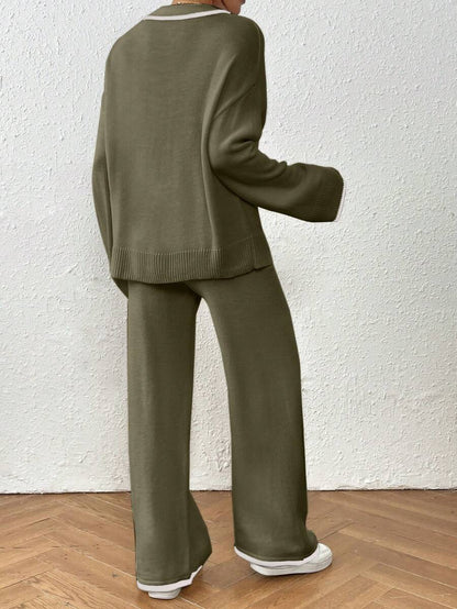 Kelowna V Neck Contrast Trim Sweater and Wide Leg Knit Pants Set