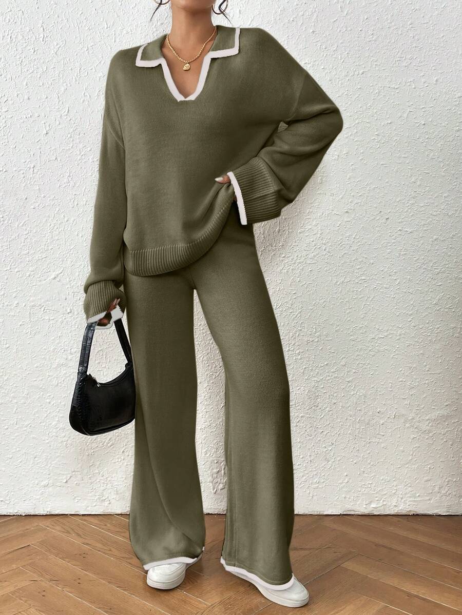 Kelowna V Neck Contrast Trim Sweater and Wide Leg Knit Pants Set