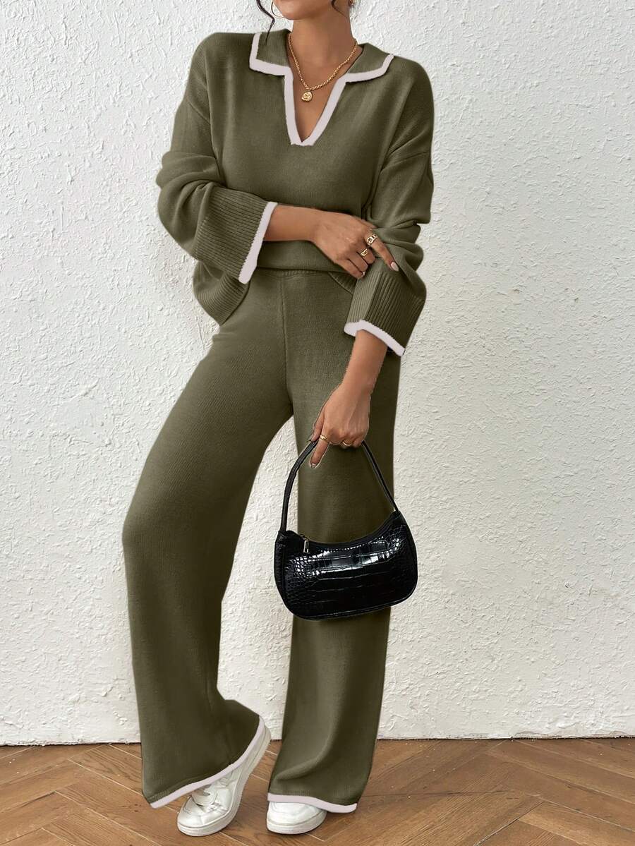 Kelowna V Neck Contrast Trim Sweater and Wide Leg Knit Pants Set