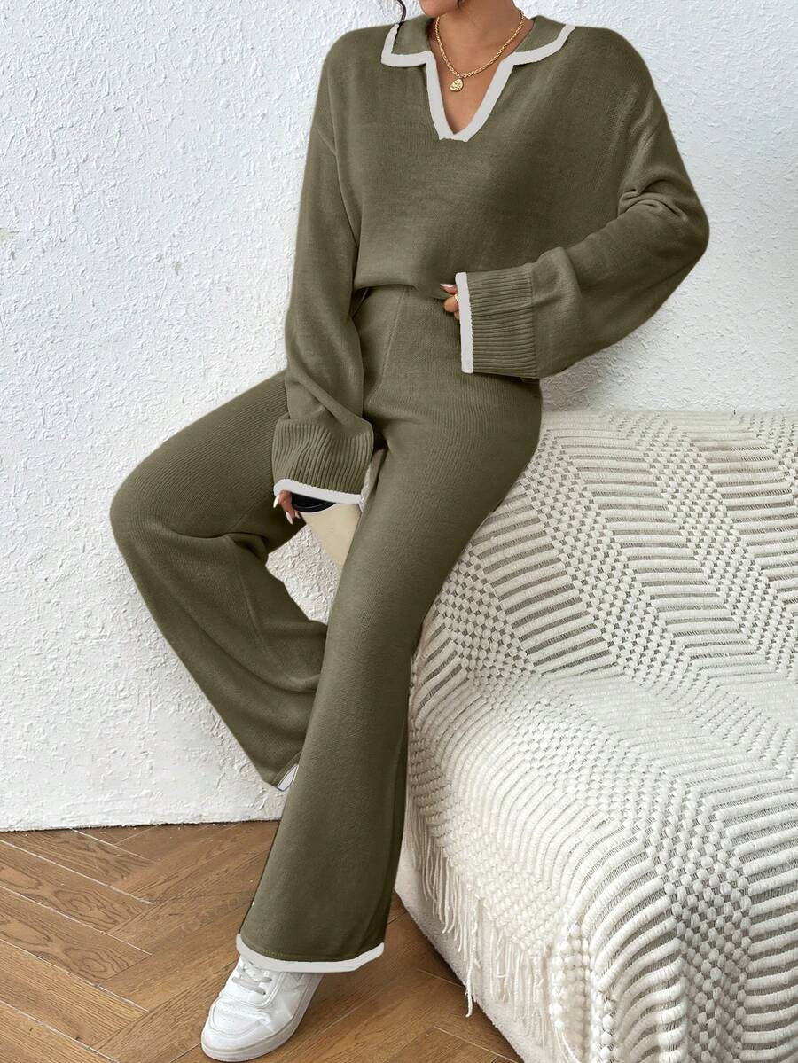 Kelowna V Neck Contrast Trim Sweater and Wide Leg Knit Pants Set
