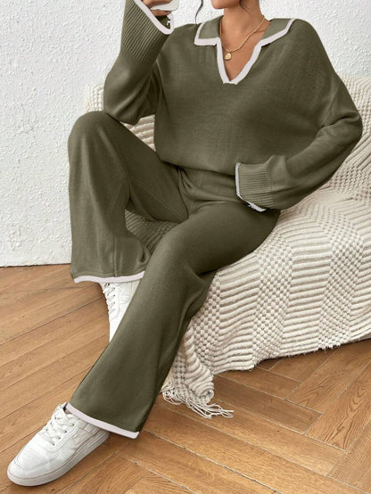 Kelowna V Neck Contrast Trim Sweater and Wide Leg Knit Pants Set