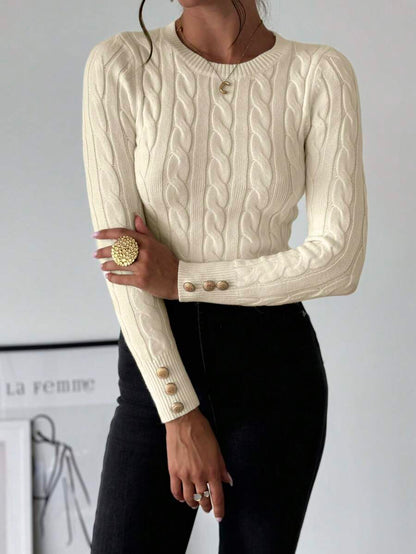 Nerissa Slim Cable Knit Sweater with Crew Neck and Button Detail - Cream