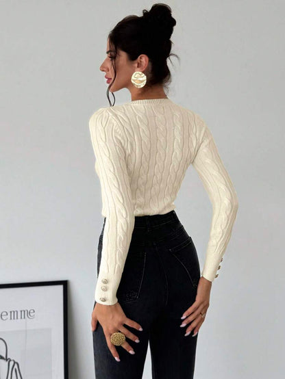 Nerissa Slim Cable Knit Sweater with Crew Neck and Button Detail - Cream