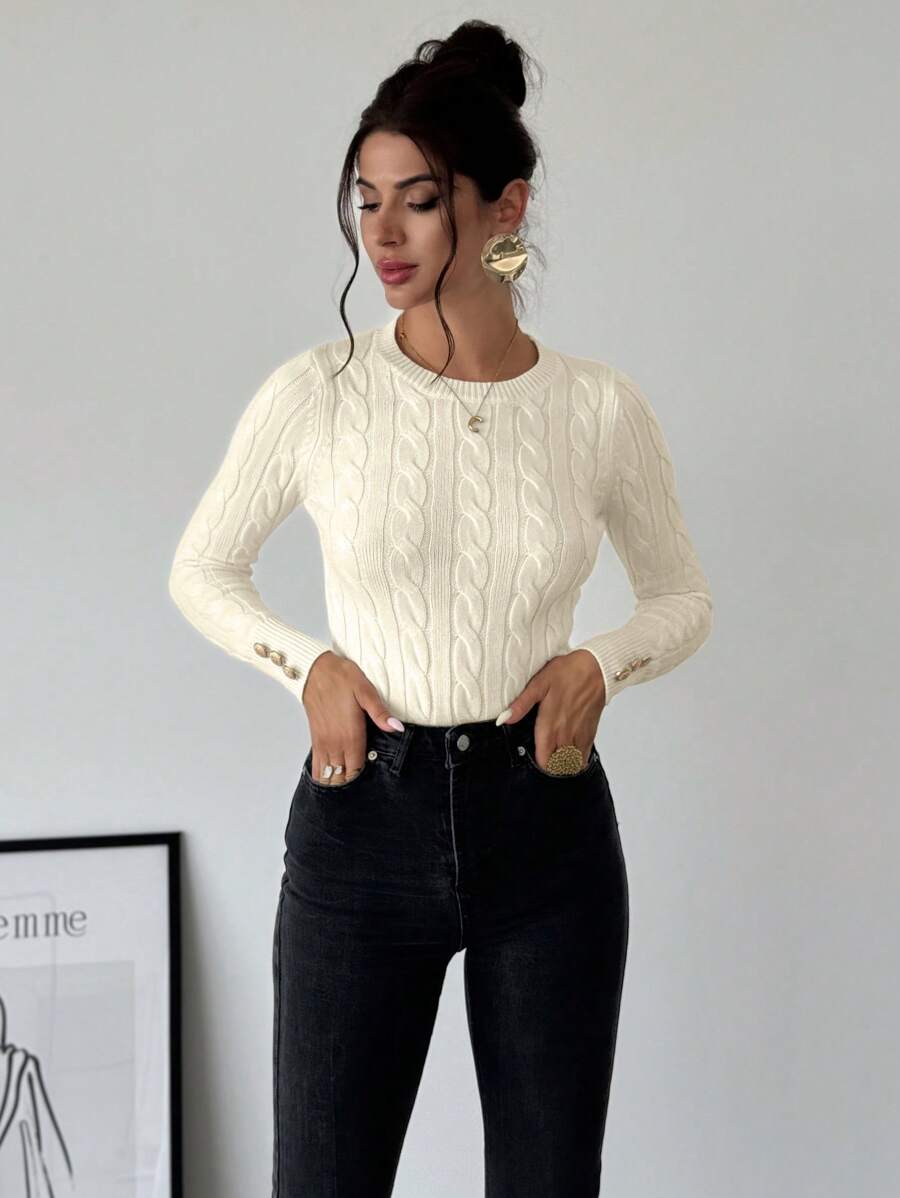 Nerissa Slim Cable Knit Sweater with Crew Neck and Button Detail - Cream