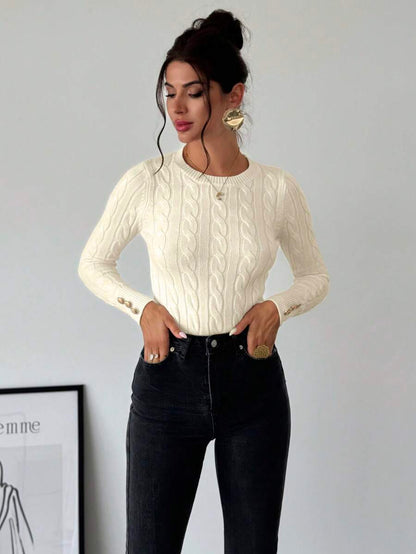 Nerissa Slim Cable Knit Sweater with Crew Neck and Button Detail - Cream
