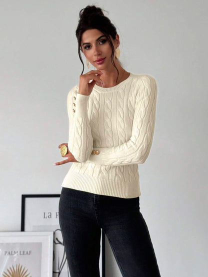 Nerissa Slim Cable Knit Sweater with Crew Neck and Button Detail - Cream