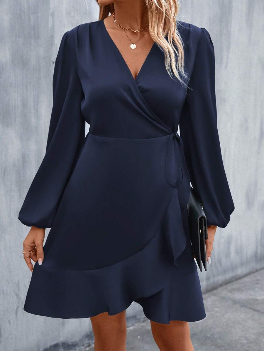 Women's Satin Wrap Dress, Tie Waist Ruffle Hem Silky Dress for Wedding Guest and Evening - Green