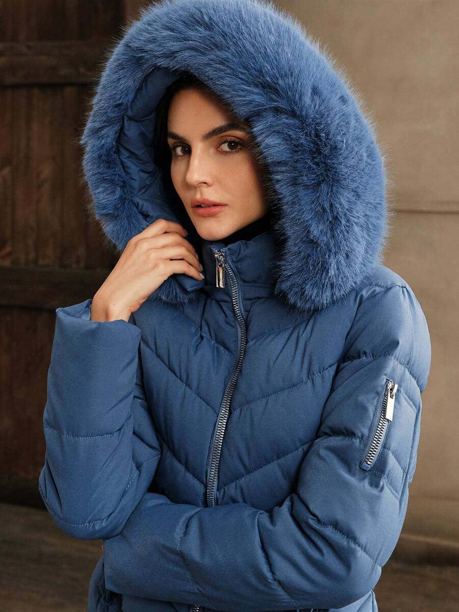 Blythe Faux Fur Trim Hooded Puffer Coat with Zip Front - Blue