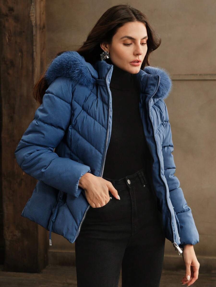 Blythe Faux Fur Trim Hooded Puffer Coat with Zip Front - Blue