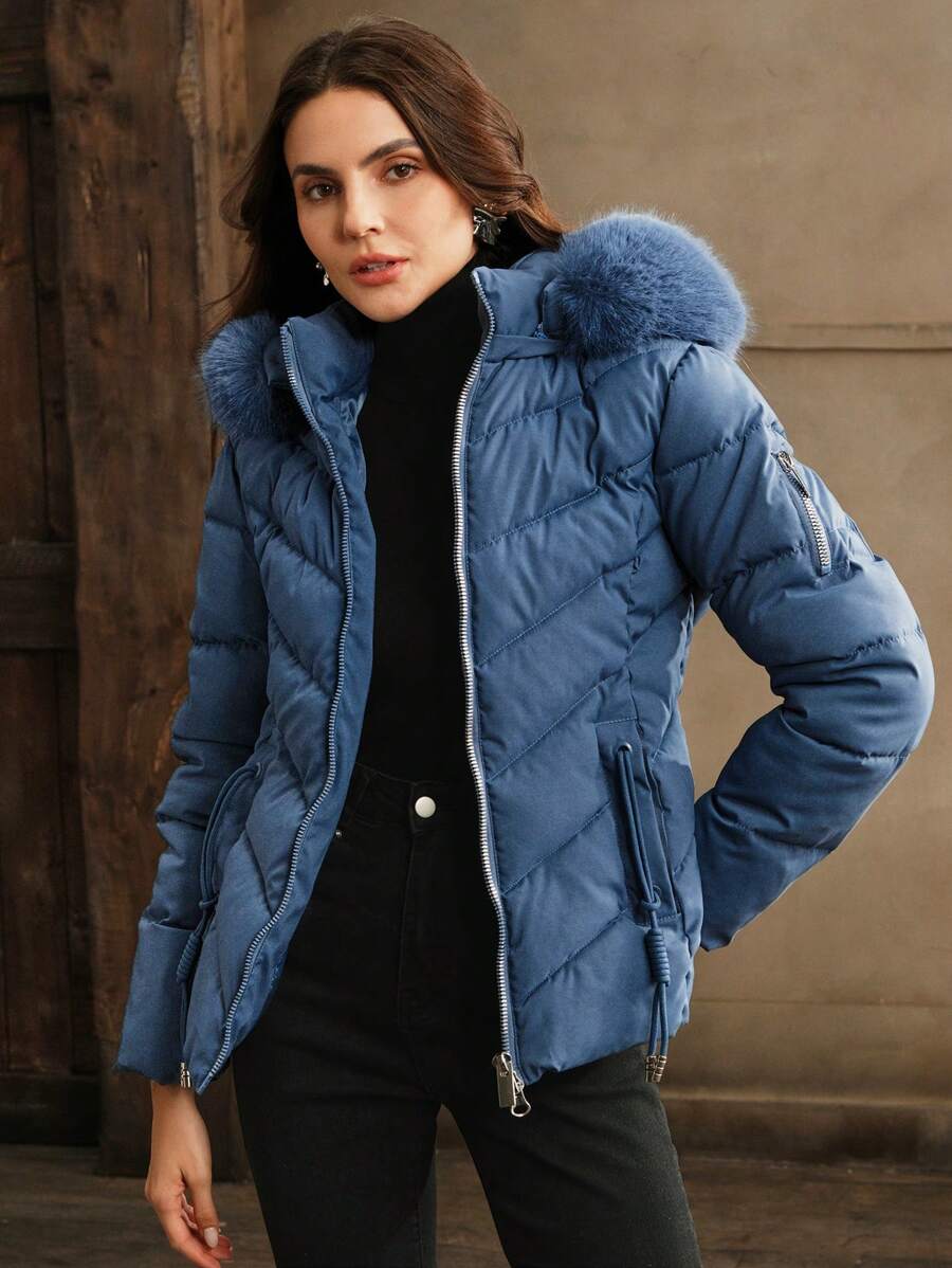 Blythe Faux Fur Trim Hooded Puffer Coat with Zip Front - Blue