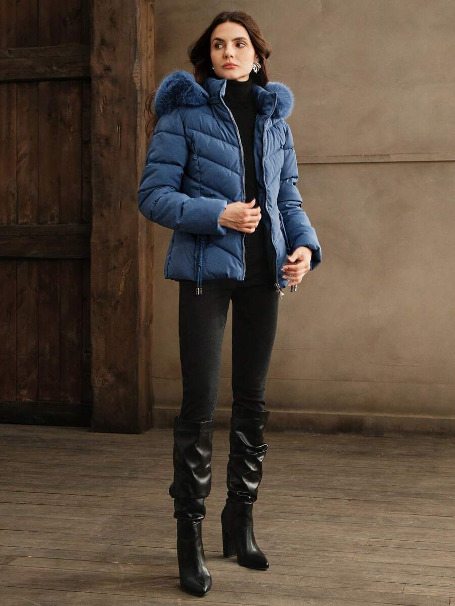Blythe Faux Fur Trim Hooded Puffer Coat with Zip Front - Blue