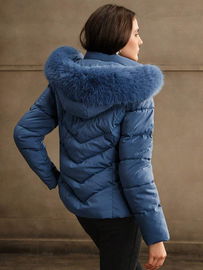 Blythe Faux Fur Trim Hooded Puffer Coat with Zip Front - Blue
