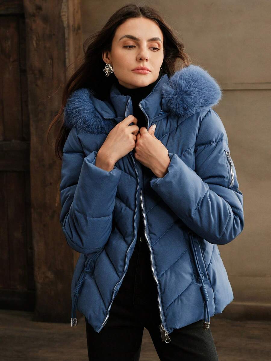 Blythe Faux Fur Trim Hooded Puffer Coat with Zip Front - Blue