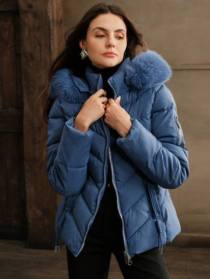 Blythe Faux Fur Trim Hooded Puffer Coat with Zip Front - Blue