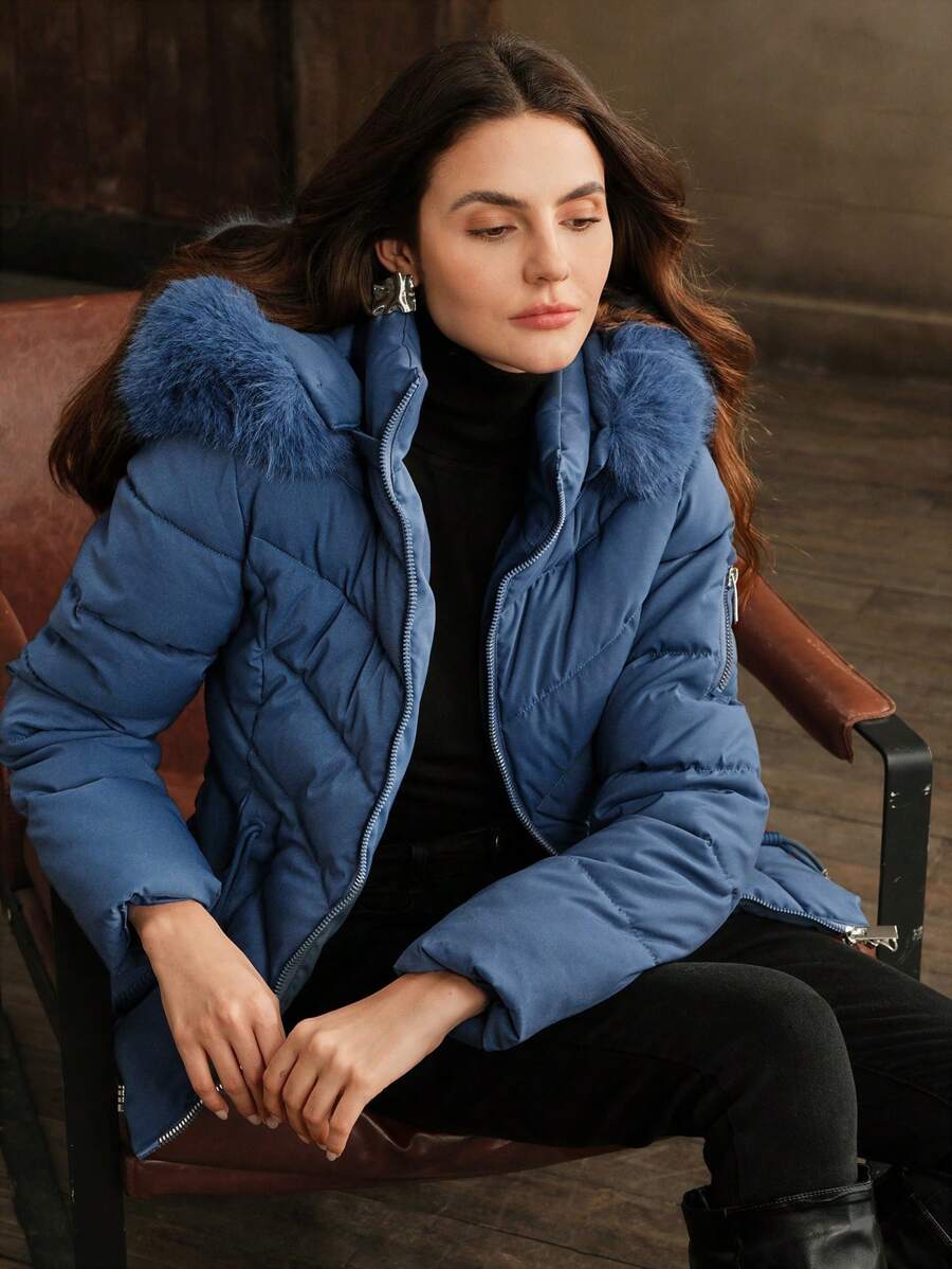 Blythe Faux Fur Trim Hooded Puffer Coat with Zip Front - Blue