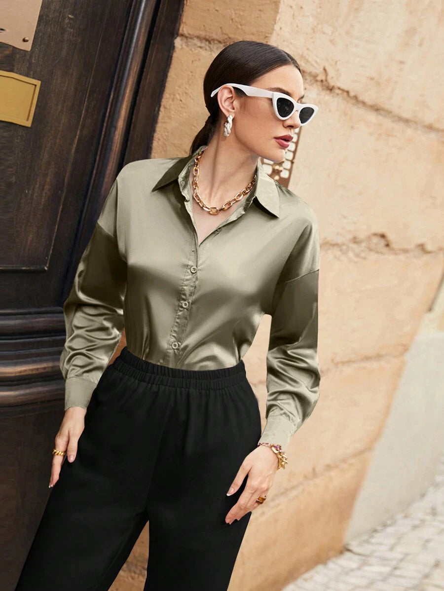 Women's Satin Button Front Long Sleeve Shirt, Silky Stretch Blouse for Work and Evening - Grey