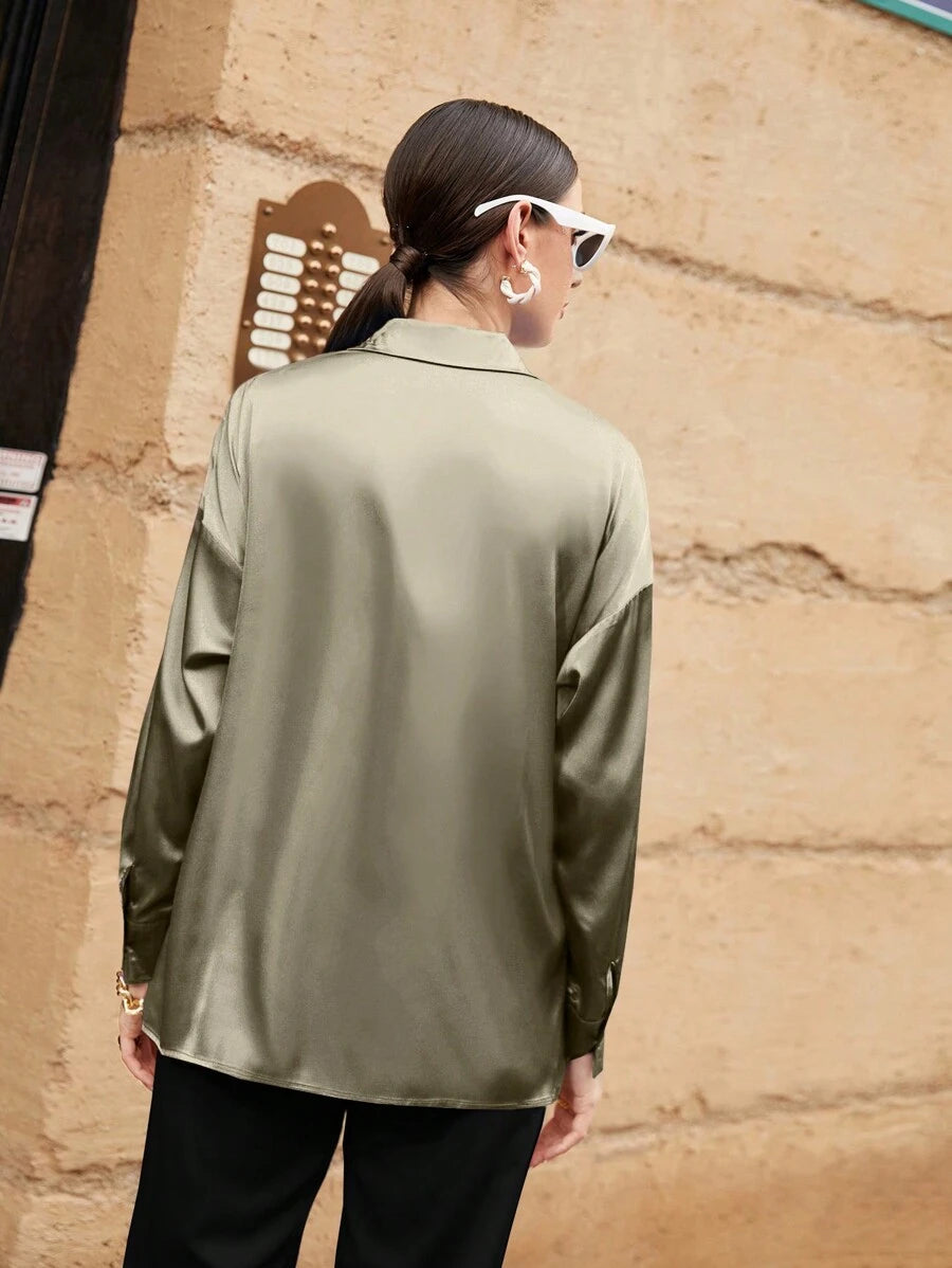 Women's Satin Button Front Long Sleeve Shirt, Silky Stretch Blouse for Work and Evening - Brown