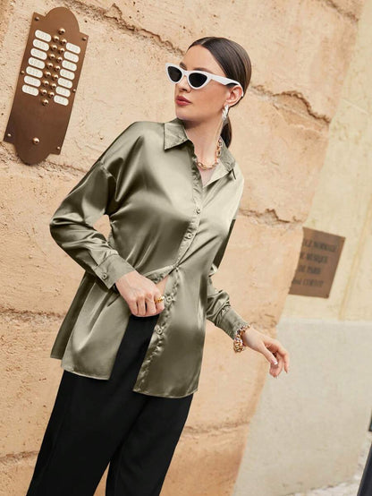 Women's Satin Button Front Long Sleeve Shirt, Silky Stretch Blouse for Work and Evening - Champagne