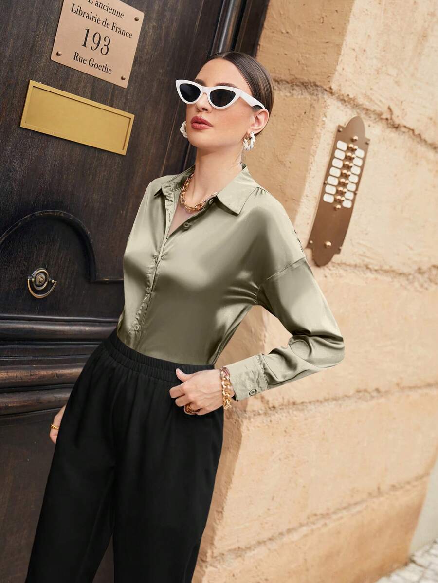 Women's Satin Button Front Long Sleeve Shirt, Silky Stretch Blouse for Work and Evening - Purple