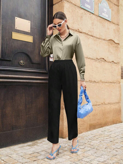 Women's Satin Button Front Long Sleeve Shirt, Silky Stretch Blouse for Work and Evening - Olive Green