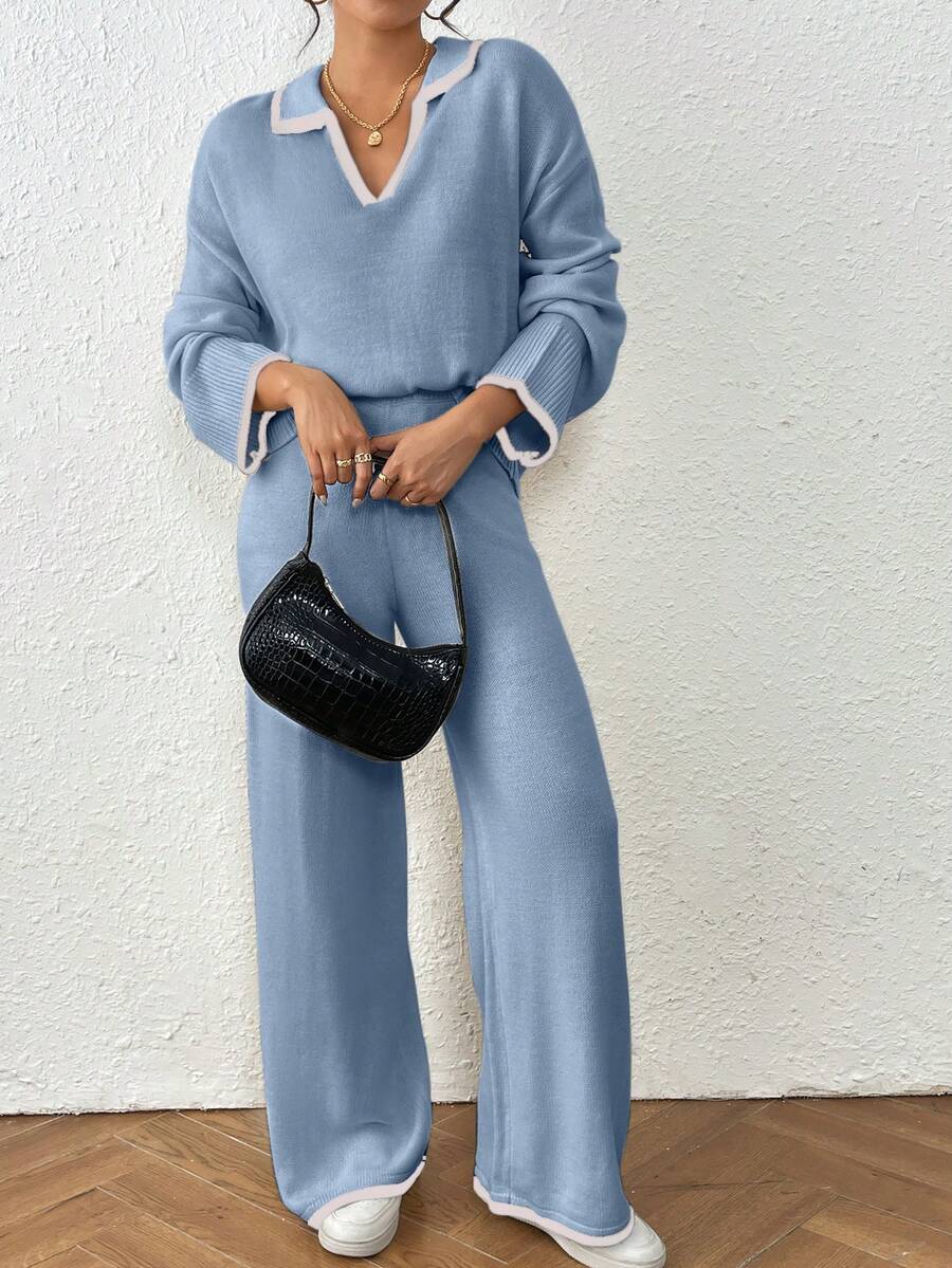 Kelowna V Neck Contrast Trim Sweater and Wide Leg Knit Pants Set - Baby Blue