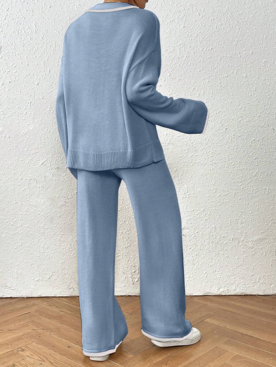 Kelowna V Neck Contrast Trim Sweater and Wide Leg Knit Pants Set