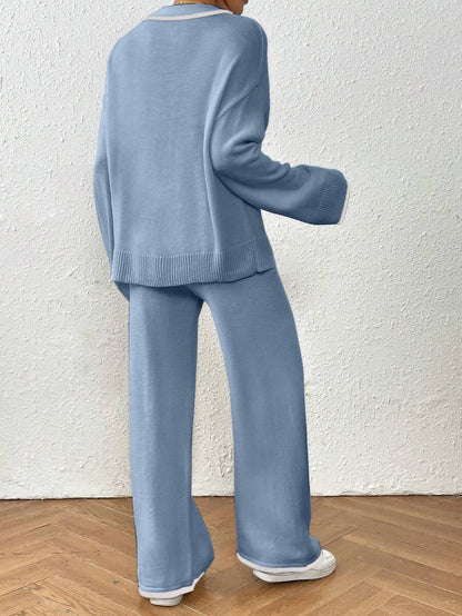 Kelowna V Neck Contrast Trim Sweater and Wide Leg Knit Pants Set