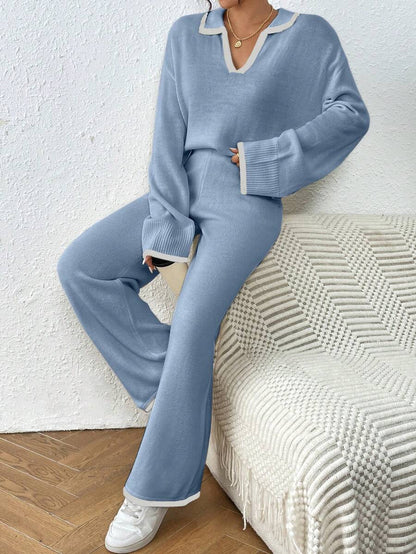 Kelowna V Neck Contrast Trim Sweater and Wide Leg Knit Pants Set