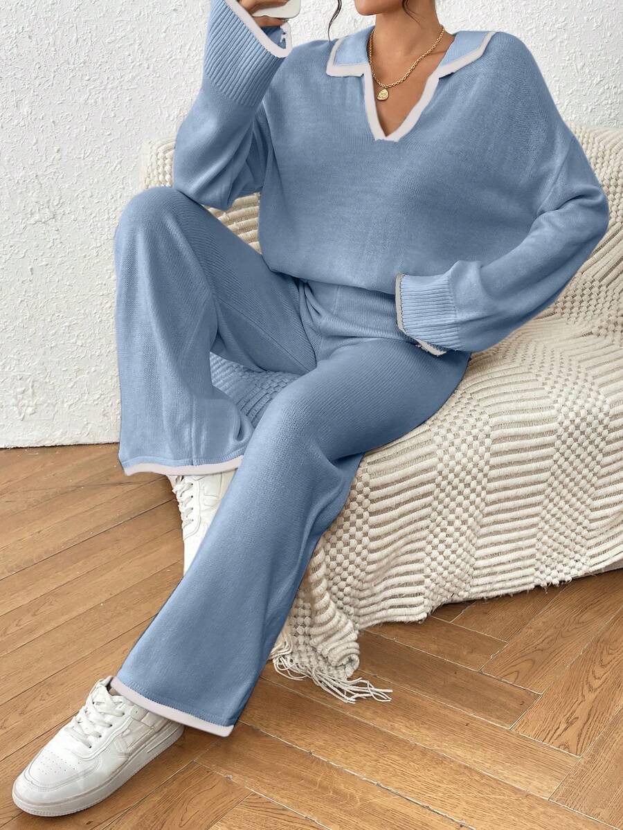 Kelowna V Neck Contrast Trim Sweater and Wide Leg Knit Pants Set