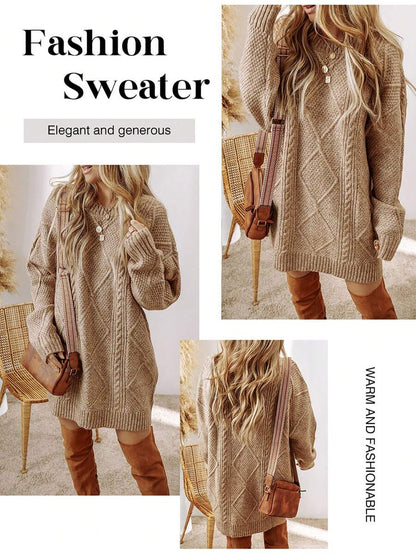 Alina Oversized Cable Knit Sweater Dress - Apricot