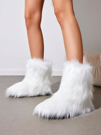 Women Winter Boots Fluffy Flat Snow Boots Slip-On Furry Boots Ladies Shoes Go With Dress Great For Festival And Party Occasion Mid-Calf Boots Mensa