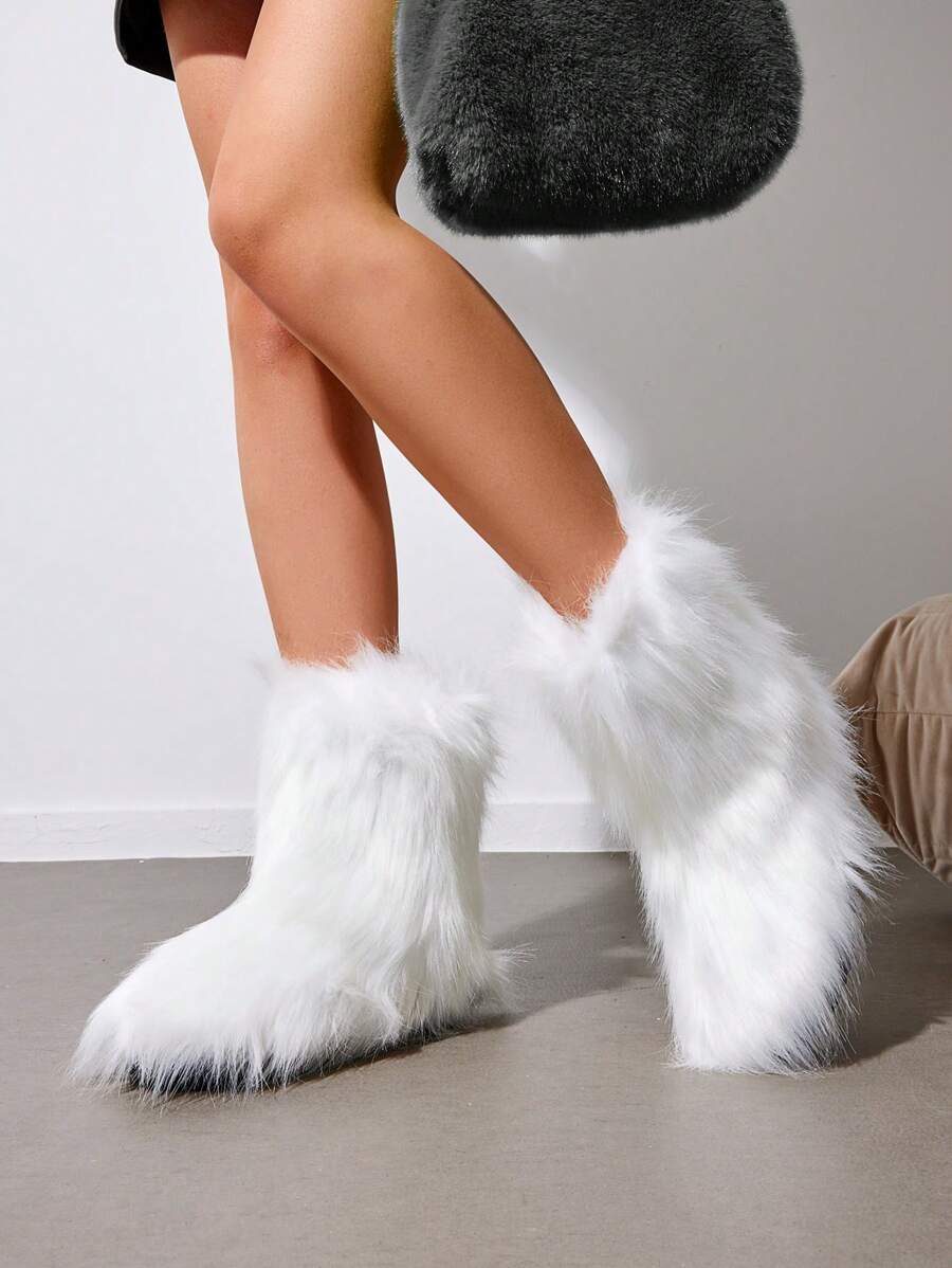 Women Winter Boots Fluffy Flat Snow Boots Slip-On Furry Boots Ladies Shoes Go With Dress Great For Festival And Party Occasion Mid-Calf Boots Mensa