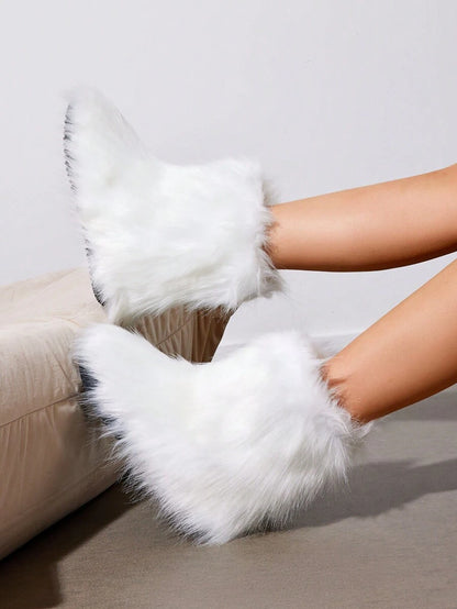 Women Winter Boots Fluffy Flat Snow Boots Slip-On Furry Boots Ladies Shoes Go With Dress Great For Festival And Party Occasion Mid-Calf Boots Mensa