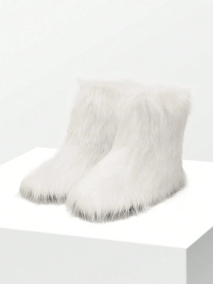 Women Winter Boots Fluffy Flat Snow Boots Slip-On Furry Boots Ladies Shoes Go With Dress Great For Festival And Party Occasion Mid-Calf Boots Mensa