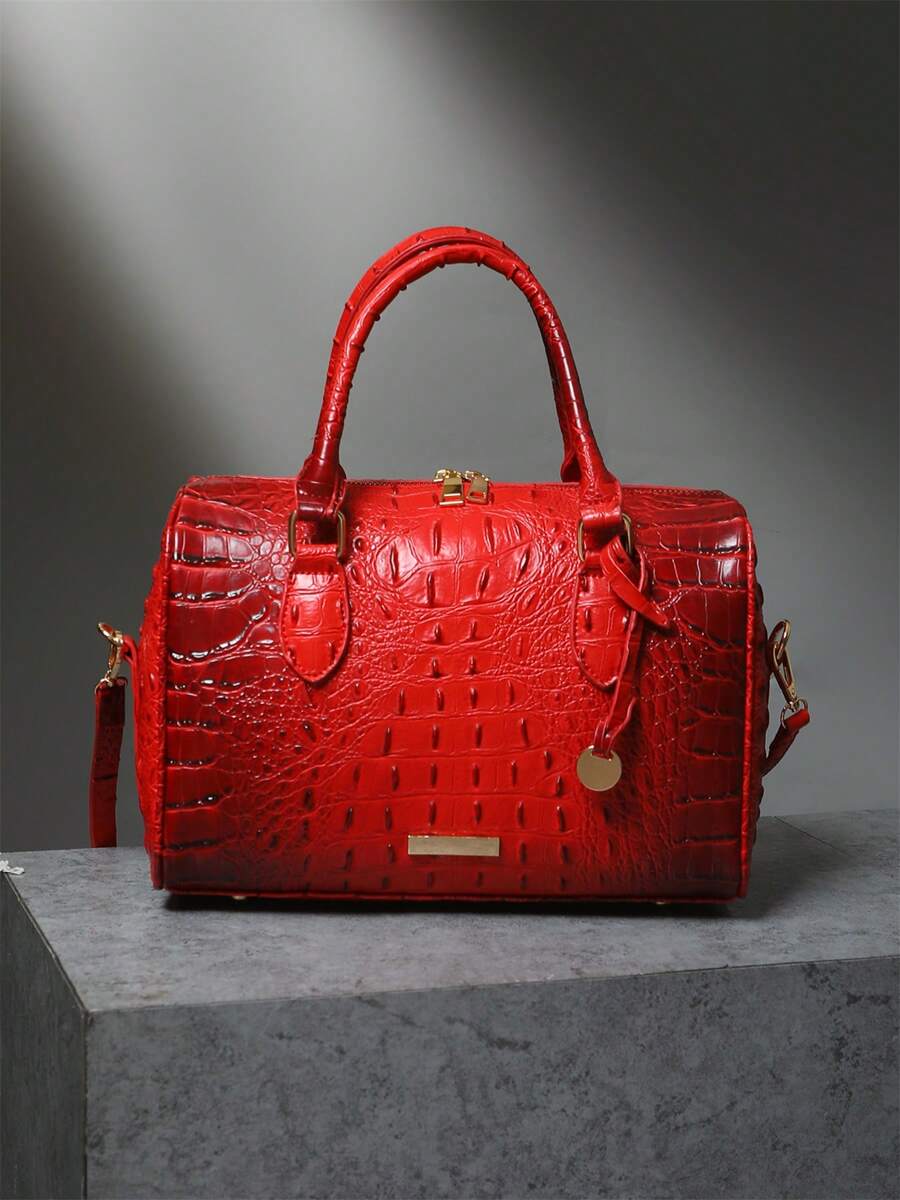 Verbania Croc Embossed Top Handle Boston Bag - Red