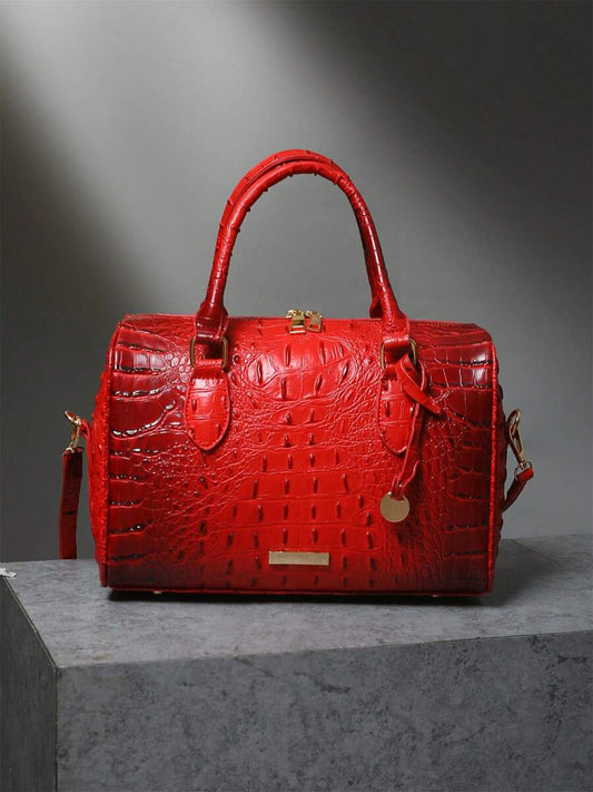 Verbania Croc Embossed Top Handle Boston Bag - Red