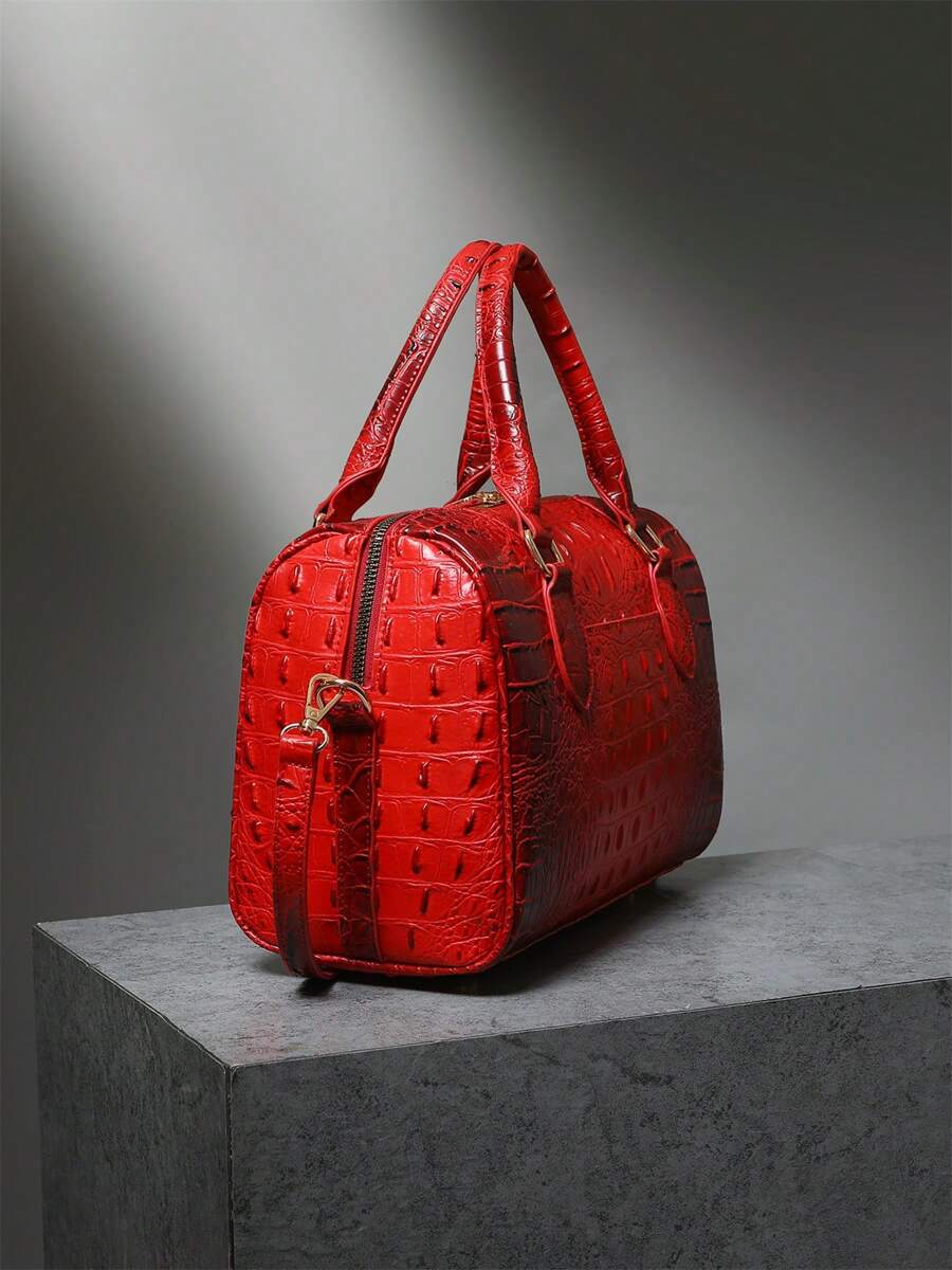 Verbania Croc Embossed Top Handle Boston Bag