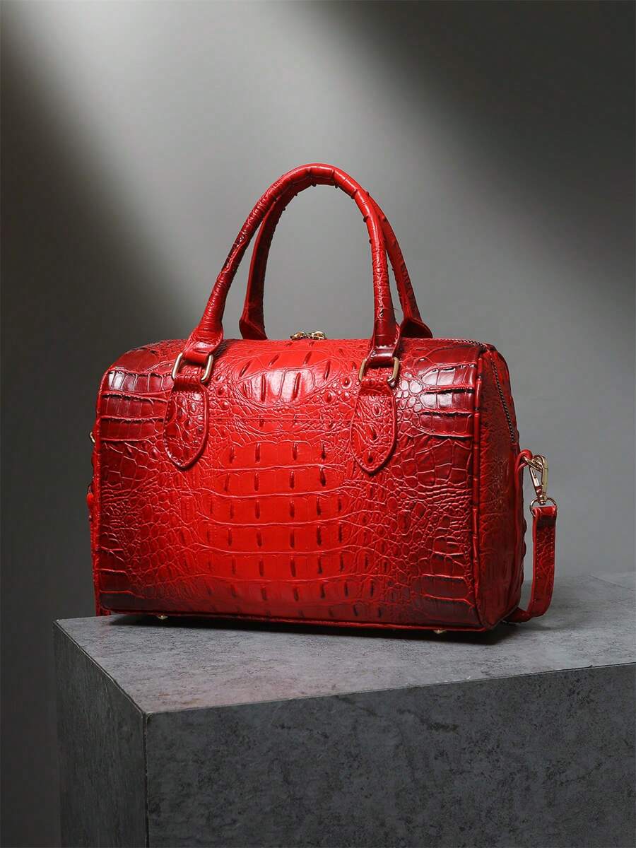 Verbania Croc Embossed Top Handle Boston Bag